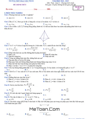 Đề thi HK1 Toán 11 năm 2018 - 2019 trường Phan Chu Trinh - Đắk Lắk
