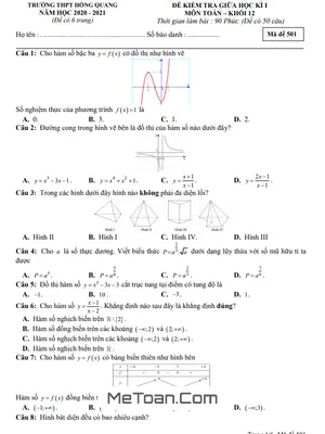 Đề kiểm tra giữa học kì 1 Toán 12 năm 2020 - 2021 trường THPT Hồng Quang - Hải Dương