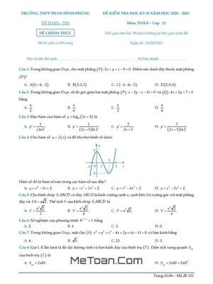 Đề thi HK2 Toán 12 năm 2020 – 2021 trường THPT Phan Đình Phùng – Hà Nội
