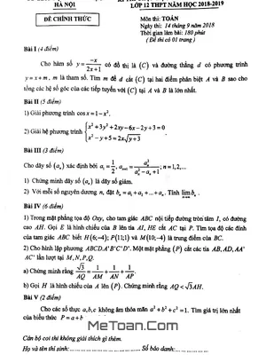 Đề thi chọn HSG Toán 12 THPT năm học 2018 - 2019 Sở GD&ĐT Hà Nội