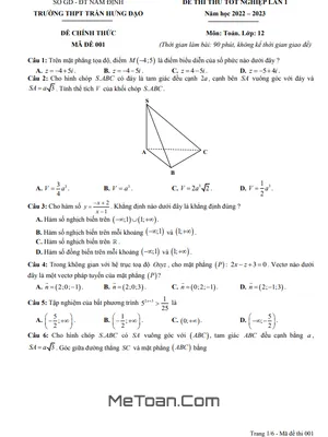 Đề thi thử THPT Quốc gia 2023 môn Toán lần 1 trường THPT Trần Hưng Đạo – Nam Định