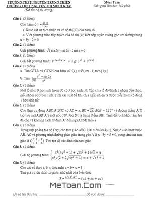 Đề thi thử THPT Quốc gia 2016 môn Toán lần 1 trường THPT Nguyễn Trung Thiên – Hà Tĩnh
