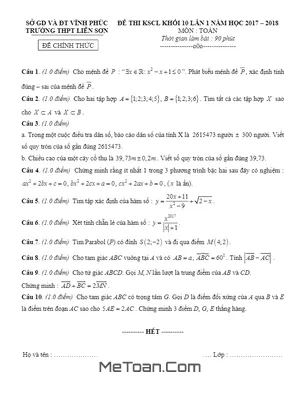 Đề thi KSCL Toán 10 lần 1 năm học 2017 - 2018 trường THPT Liễn Sơn - Vĩnh Phúc (Có Lời Giải)
