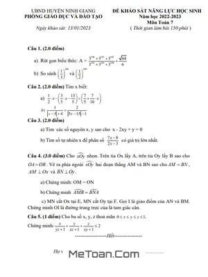 Đề khảo sát năng lực Toán 7 năm 2022 - 2023 phòng GD&ĐT Ninh Giang - Hải Dương