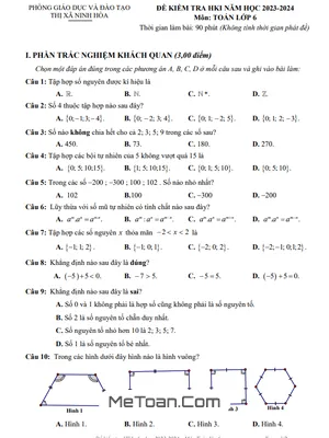 Đề thi học kì 1 Toán lớp 6 năm 2023 - 2024 phòng GD&ĐT Ninh Hòa - Khánh Hòa