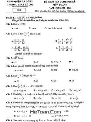 Đề thi học kì 1 Toán 7 năm 2022 - 2023 trường THCS Lê Lợi - Hà Nội