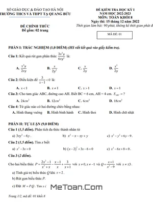 Đề thi học kỳ 1 Toán 8 năm 2022 - 2023 trường Tạ Quang Bửu - Hà Nội