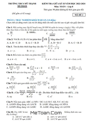 Đề thi giữa kỳ 2 Toán 8 năm 2023 - 2024 trường THCS Mỹ Thạnh - Bình Dương