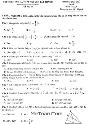 Đề thi giữa kì 1 Toán 8 năm 2022 - 2023 trường Nguyễn Tất Thành - Hà Nội