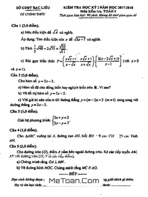 Đề thi học kì 1 Toán 9 năm 2017 - 2018 Sở GD&ĐT Bạc Liêu