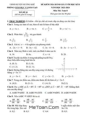 Đề Thi Học Kì 2 Toán 8 Năm 2023 - 2024 Phòng GD&ĐT Hương Khê - Hà Tĩnh
