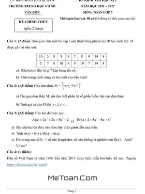 Đề kiểm tra học kì 2 Toán 7 năm 2021 - 2022 trường THCS Vân Đồn - TP HCM