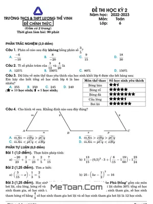 Đề thi học kỳ 2 Toán 6 năm 2022 – 2023 trường Lương Thế Vinh – Hà Nội