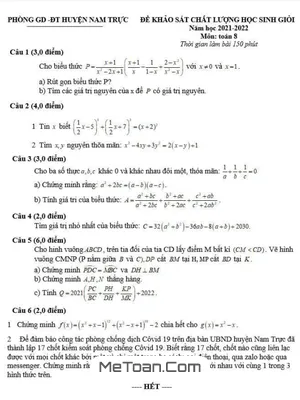 Đề thi HSG Toán 8 năm 2021 - 2022 phòng GD&ĐT Nam Trực - Nam Định