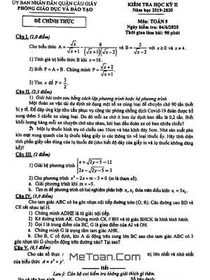 Đề thi học kỳ 2 Toán 9 năm 2019 - 2020 phòng GD&ĐT Cầu Giấy - Hà Nội