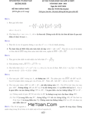 Đề thi Tuyển sinh Lớp 10 Môn Toán (Chuyên) Năm 2020 - 2021 Sở GD&ĐT Quảng Ngãi