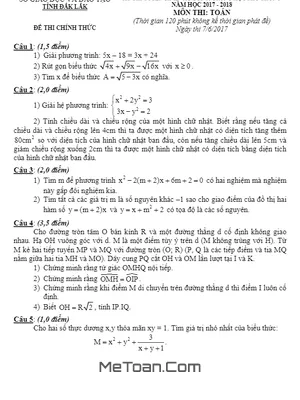 Đề thi tuyển sinh lớp 10 THPT môn Toán năm 2017 - 2018 Sở GD&ĐT Đắk Lắk