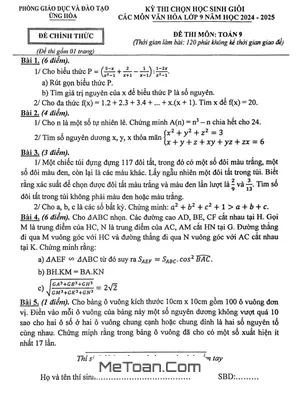 Đề thi chọn học sinh giỏi Toán 9 năm 2024 - 2025 phòng GD&ĐT Ứng Hòa - Hà Nội