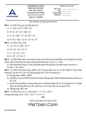 Đề giữa HK1 Toán 8 năm 2024 - 2025 trường Archimedes School - Hà Nội