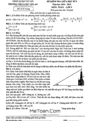 Đề giữa kì 1 Toán 9 năm học 2024 - 2025 trường THCS Chu Văn An - Hà Nội
