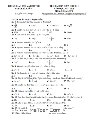 Đề thi giữa kì 1 Toán 8 năm 2024 - 2025 phòng GD&ĐT Tân Yên - Bắc Giang