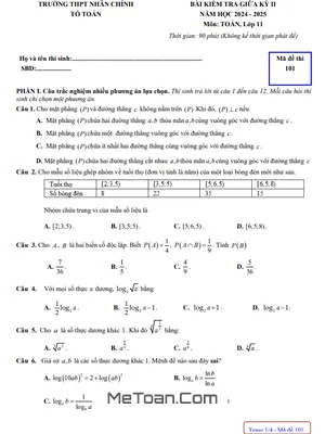 Đề giữa kỳ 2 Toán 11 năm 2024 – 2025 trường THPT Nhân Chính – Hà Nội