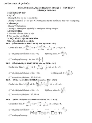 Đề Cương Ôn Thi Giữa Học Kỳ 2 Môn Toán 9 Năm Học 2025 – 2026 Trường THCS Lê Quý Đôn, Hà Nội