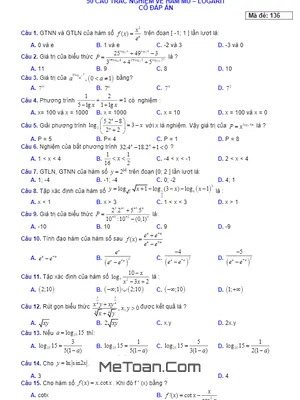 Trắc nghiệm hàm số mũ, logarit có đáp án (50 câu) - Trần Thanh Minh