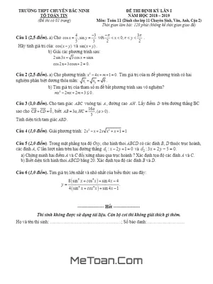 Đề thi định kỳ Toán 11 năm 2018 – 2019 trường THPT chuyên Bắc Ninh lần 1