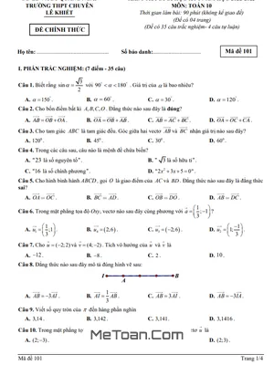 Đề thi học kỳ 1 Toán 10 năm 2022 - 2023 trường THPT chuyên Lê Khiết - Quảng Ngãi