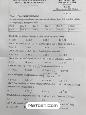 Đề thi học kỳ 1 Toán 10 năm học 2017 - 2018 trường THPT Chuyên Đại học Sư phạm Hà Nội