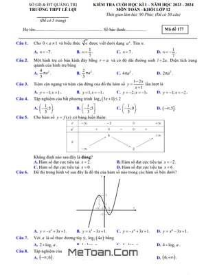 Đề thi học kì 1 Toán 12 năm 2023 - 2024 trường THPT Lê Lợi - Quảng Trị (có đáp án)