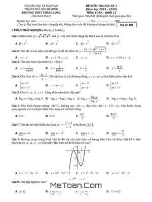 Đề thi HK1 Toán 12 năm 2019 - 2020 trường THPT Thăng Long - TP HCM