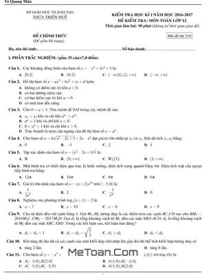 Đề thi HK1 Toán 12 năm học 2016 - 2017 Sở GD&ĐT Thừa Thiên Huế