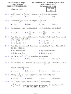Đề kiểm tra giữa học kỳ 2 Toán 12 năm 2018 - 2019 trường Nguyễn Chí Thanh - TP HCM