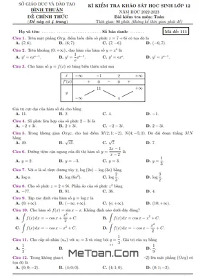 Đề kiểm tra khảo sát Toán 12 năm 2022 – 2023 sở GD&ĐT Bình Thuận