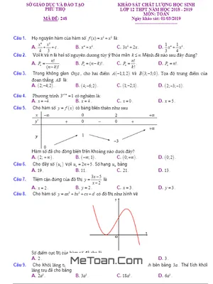 Đề KSCL Toán 12 THPT năm học 2018 - 2019 sở GD&ĐT Phú Thọ
