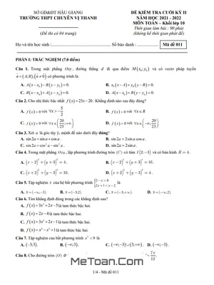 Đề thi học kỳ 2 môn Toán lớp 10 năm 2021 - 2022 trường chuyên Vị Thanh - Hậu Giang