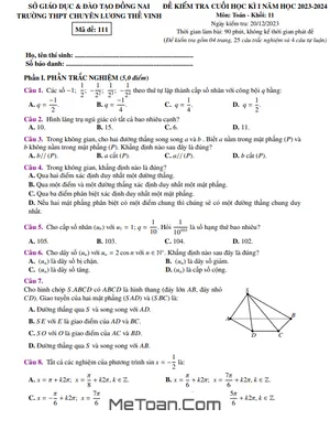 Đề thi học kì 1 môn Toán lớp 11 năm 2023 – 2024 trường THPT chuyên Lương Thế Vinh – Đồng Nai