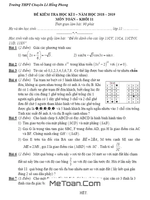 Đề thi HK1 Toán 11 năm 2018 - 2019 trường THPT chuyên Lê Hồng Phong - TP. HCM