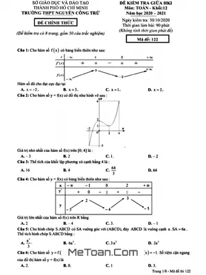 Đề thi giữa HK1 Toán 12 năm 2020 - 2021 trường THPT Nguyễn Công Trứ - TP HCM