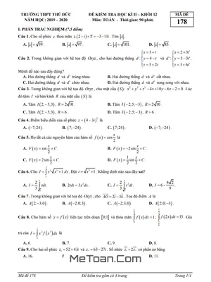 Đề thi học kì 2 Toán 12 năm 2019 - 2020 trường THPT Thủ Đức - TP HCM