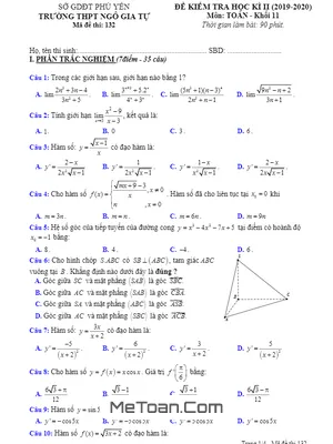 Đề thi học kì 2 Toán 11 năm 2019 - 2020 trường THPT Ngô Gia Tự - Phú Yên