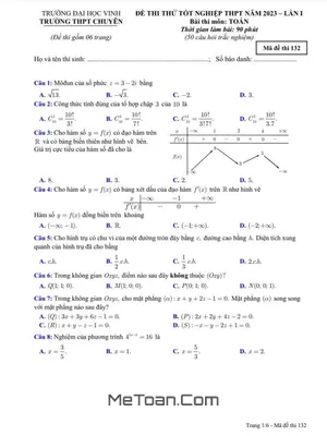 Đề thi thử THPT 2023 môn Toán lần 1 trường THPT chuyên ĐH Vinh - Nghệ An