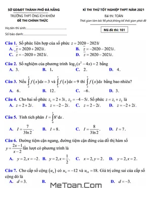 Đề thi thử Toán TN THPT năm 2021 trường THPT Ông Ích Khiêm - Đà Nẵng