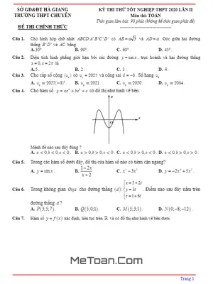 Đề thi thử tốt nghiệp THPT 2020 môn Toán lần 2 trường THPT chuyên Hà Giang