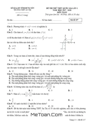 Đề thi thử Toán THPTQG 2018 trường THPT Ân Thi – Hưng Yên lần 1 (có đáp án)
