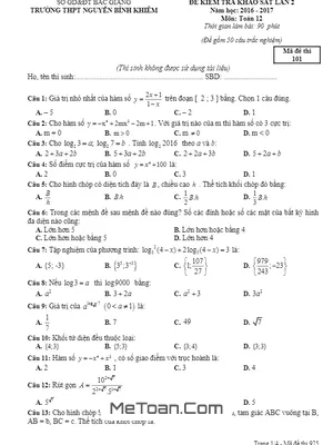 Đề khảo sát Toán lần 2 THPT Nguyễn Bỉnh Khiêm - Bắc Giang (có đáp án)
