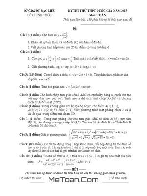 Đề thi thử THPT Quốc gia 2016 môn Toán - Sở GD&ĐT Bạc Liêu