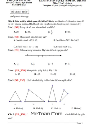 Trọn bộ 13 Đề thi tham khảo cuối kỳ 1 Toán 6 năm 2023 - 2024 phòng GD&ĐT Bình Thạnh